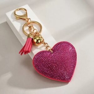 Heart-shaped rhinestone leather keychain with tassels, Korean velvet rhinestone keychain